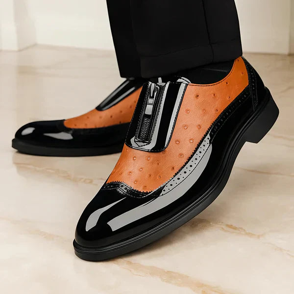 Men's modern black Oxford dress shoes with side zip. Elegant formal footwear for men.