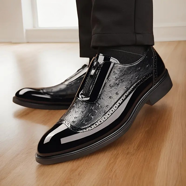 Elegant men's black Oxford dress shoes with modern side zip. Sophisticated formal footwear for any occasion.