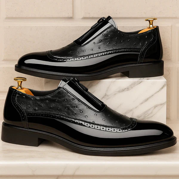 Men's modern black Oxford dress shoes with side zip, ideal for formal attire. Elegant, comfortable mens fashion footwear.