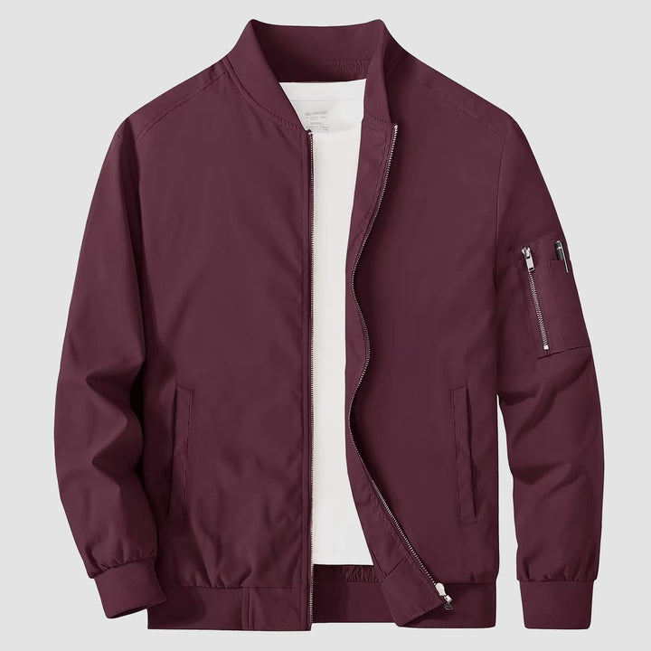Zip-front men's bomber jacket, durable polyester fabric, practical outerwear for all seasons