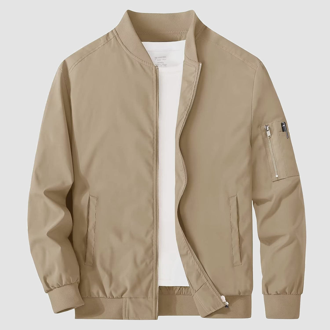 Lightweight men's bomber jacket, black, full zip, modern style, comfortable fall fashion