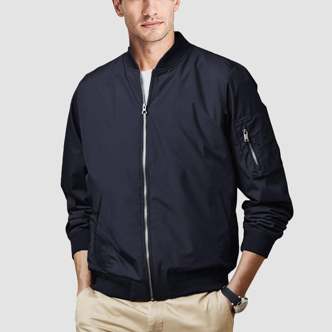 Men's bomber jacket with a subtle sheen, adding a touch of elegance to casual outerwear