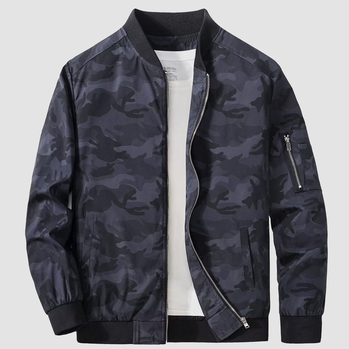 Men's bomber jacket in a neutral color, versatile outerwear for spring and fall styling