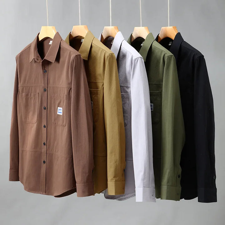 Mens fashion button-down shirt, modern fit, styled open over a t-shirt, long sleeve