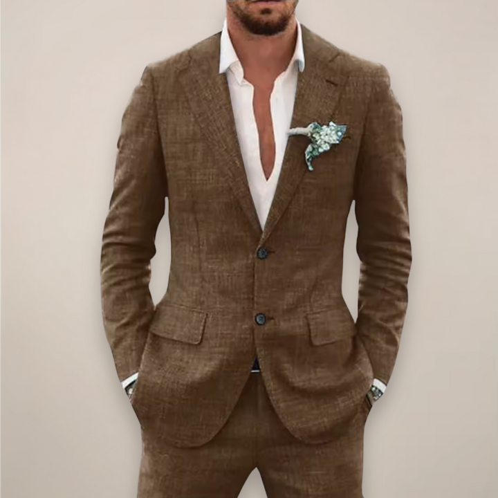 Textured fabric detail of a men's modern notch lapel suit, highlighting its quality and tailored aesthetic.