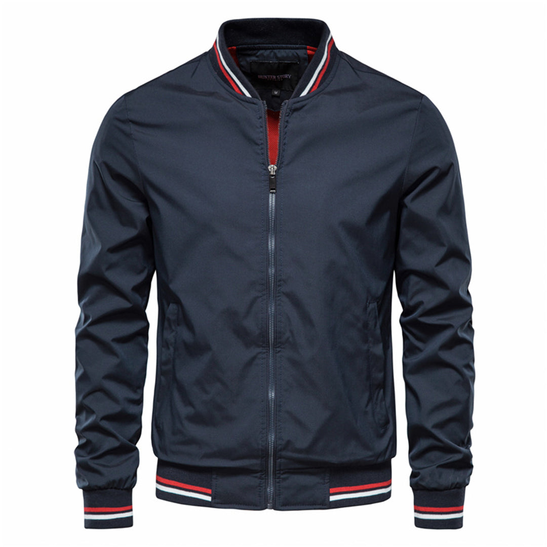 Zip-up men's bomber jacket, a key piece of outerwear for contemporary urban fashion.