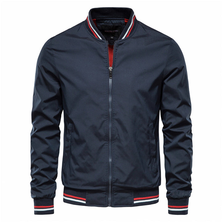 Zip-up men's bomber jacket, a key piece of outerwear for contemporary urban fashion.