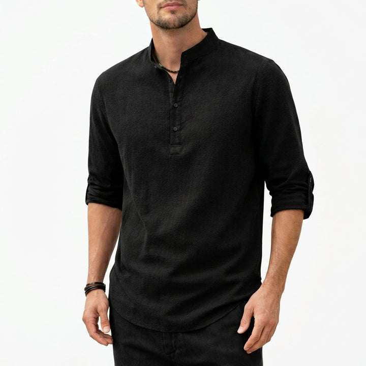 Relaxed fit men's grandad collar casual shirt. Ideal for summer fashion & versatile everyday wear.