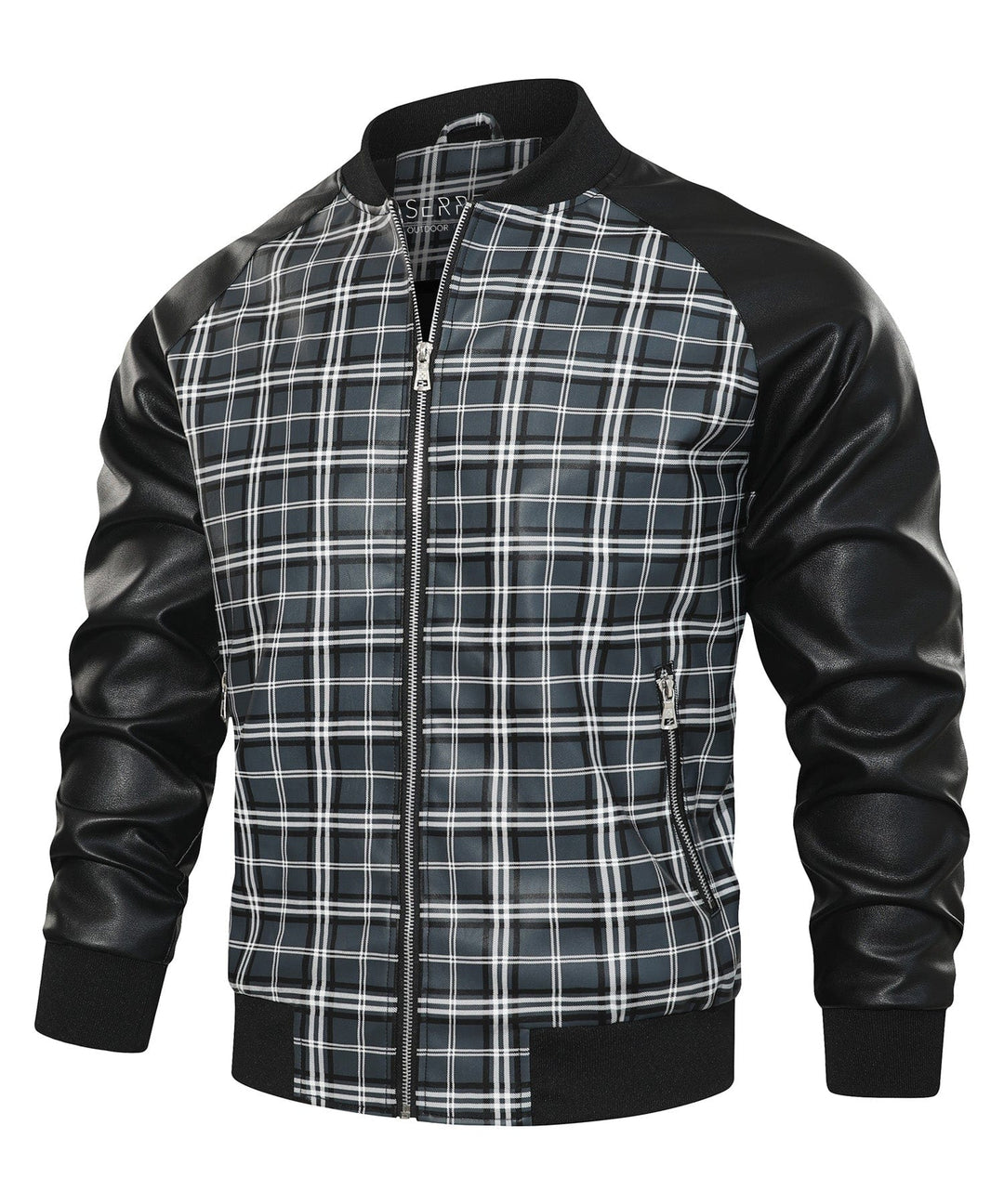 Close-up of Men's Black & Grey Plaid Gridlock Jacket, showing faux leather texture