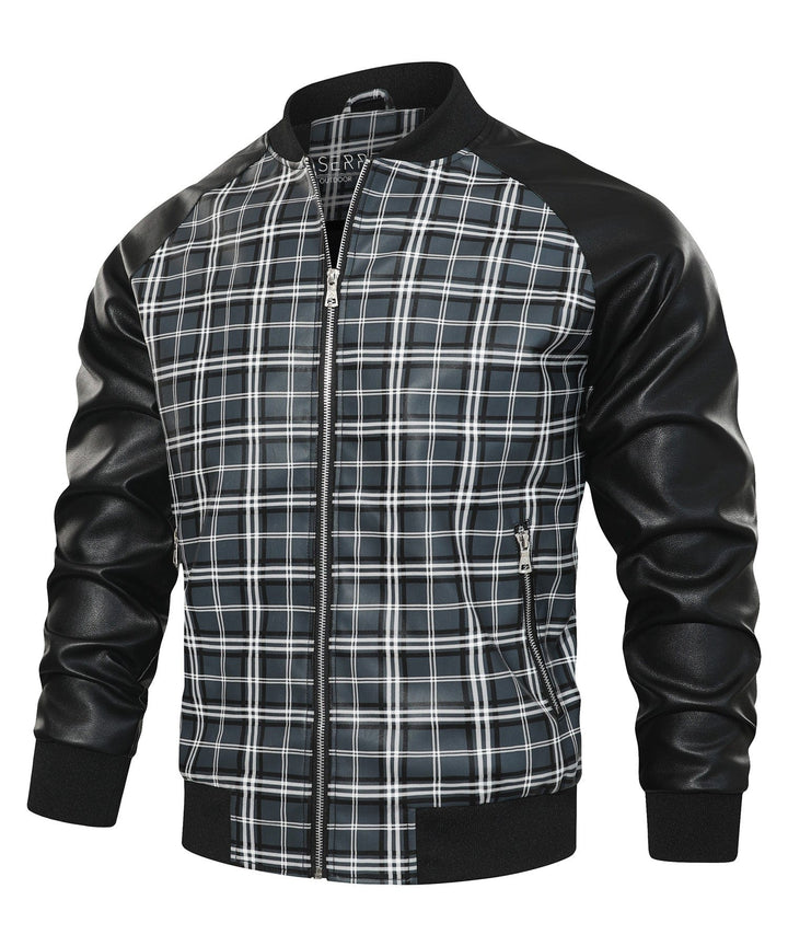 Close-up of Men's Black & Grey Plaid Gridlock Jacket, showing faux leather texture