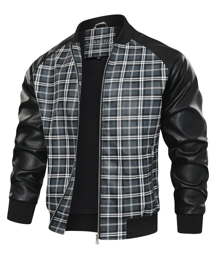 Side view of modern men's plaid jacket, perfect casual outerwear, black & grey gridlock