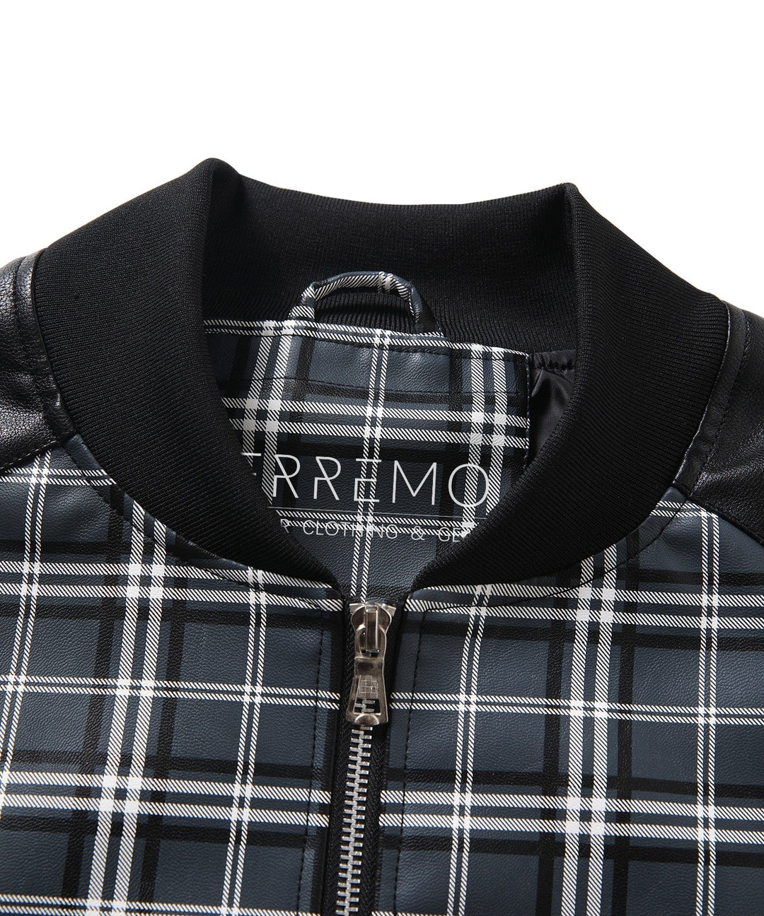 Detail of collar and zipper on Men's Modern Faux Leather Plaid Gridlock Jacket