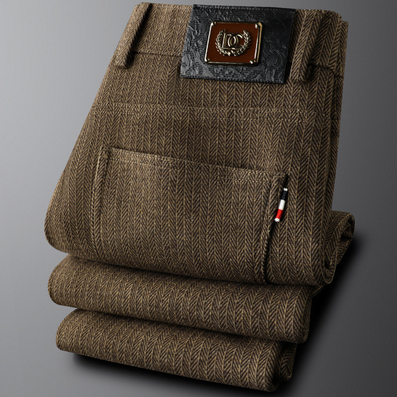 Men's Modern Refined Tailored Trousers in a versatile khaki herringbone fabric, perfect for smart casual looks.