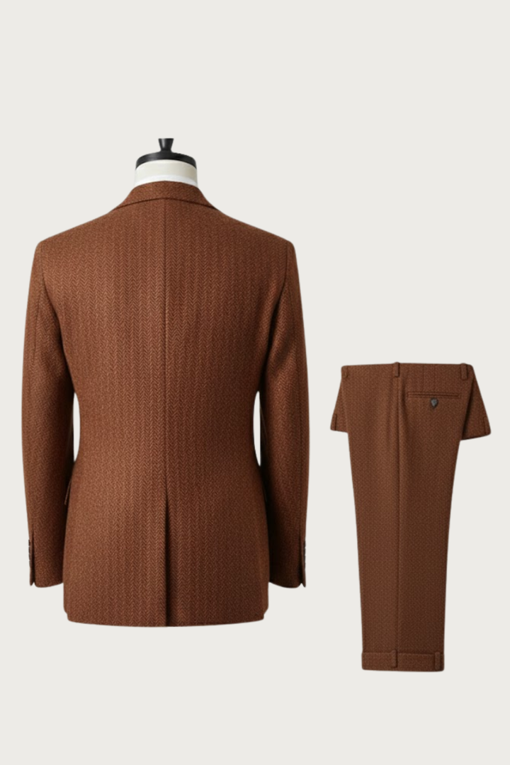 Stylish men's single-breasted suit in burnt rust, featuring a modern cut. Great for prom.