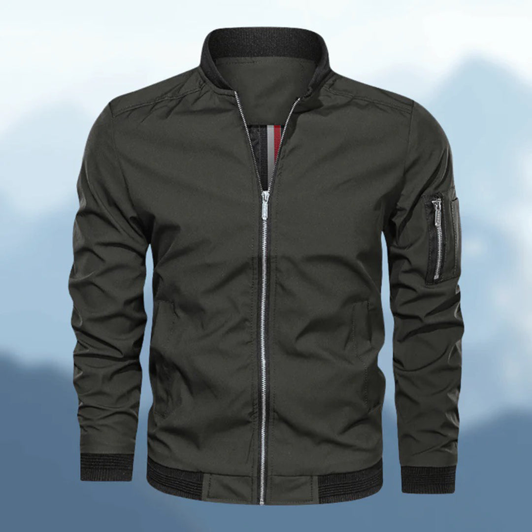 Lightweight men's bomber jacket, modern, slim fit, dark green, zipper closure detail