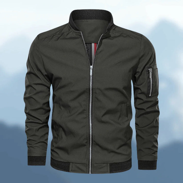 Lightweight men's bomber jacket, modern, slim fit, dark green, zipper closure detail