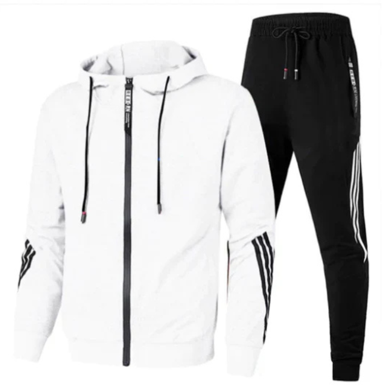 Grey men's casual streetwear jogger set with matching hoodie, ideal for everyday fashion.