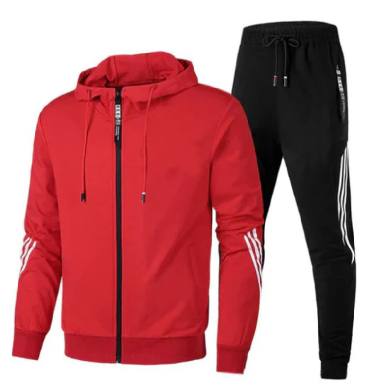 Full shot of the men's athletic hoodie and jogger set in a contemporary streetwear fashion.