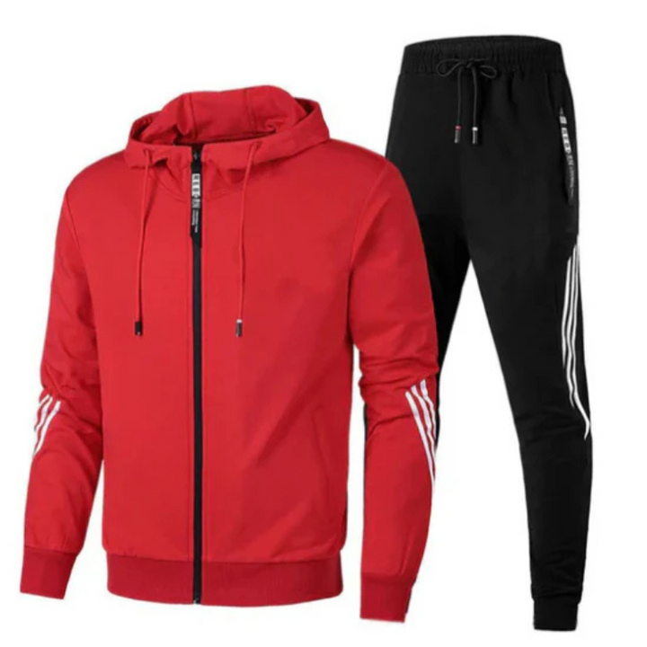 Full shot of the men's athletic hoodie and jogger set in a contemporary streetwear fashion.