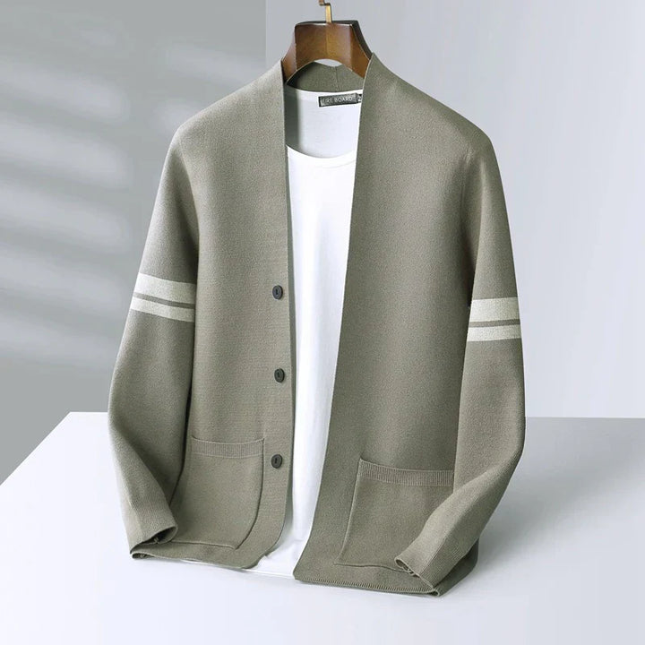 Comfortable men's lightweight striped cardigan. Soft, long sleeve button-up for relaxed modern casual wear.