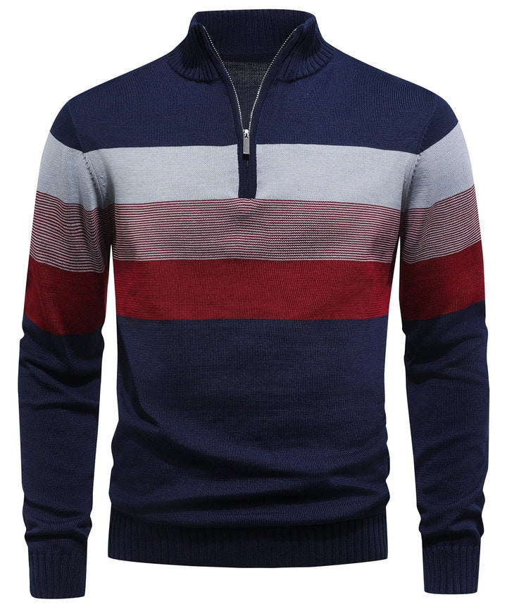 Men's modern striped pullover sweater, navy & white, casual, long sleeve knitwear