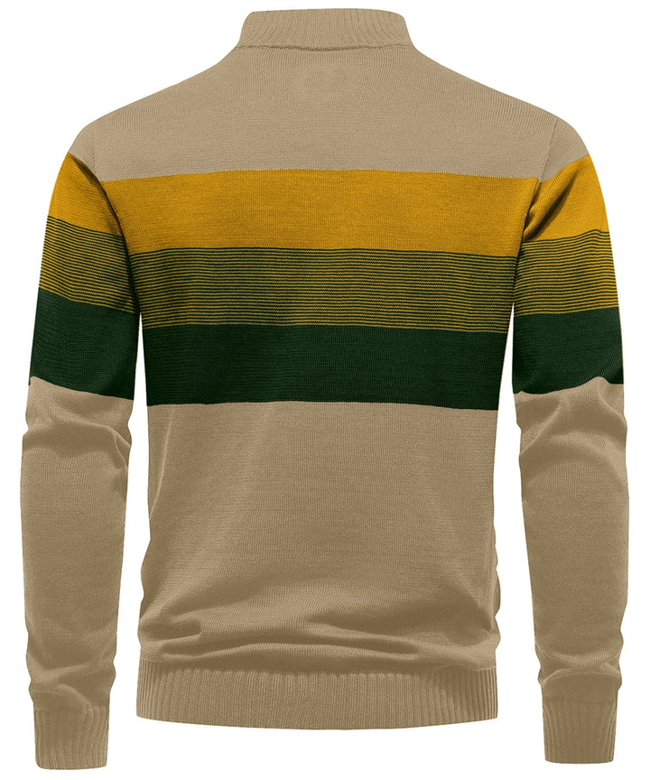 Detail of the crew neck collar on a men's modern striped winter sweater