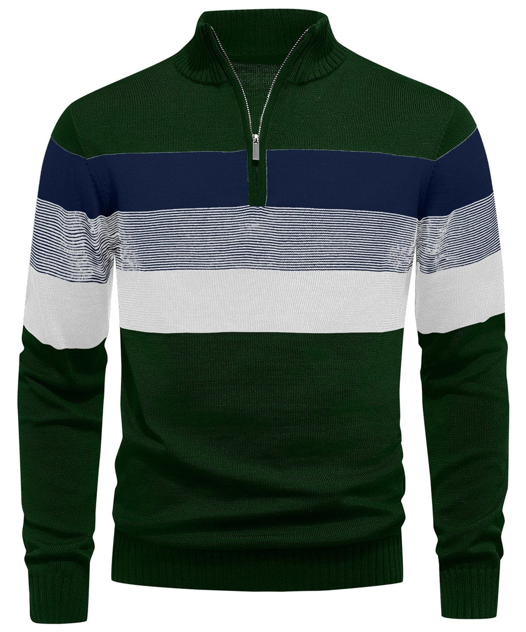 Front view of a men's modern striped pullover, a versatile layering piece for casual wear