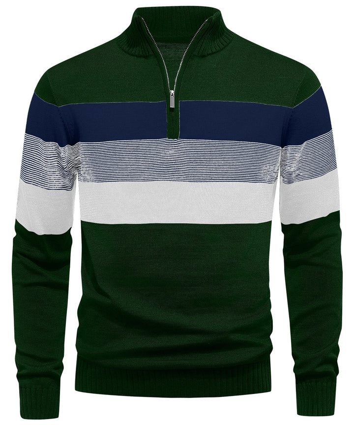 Front view of a men's modern striped pullover, a versatile layering piece for casual wear