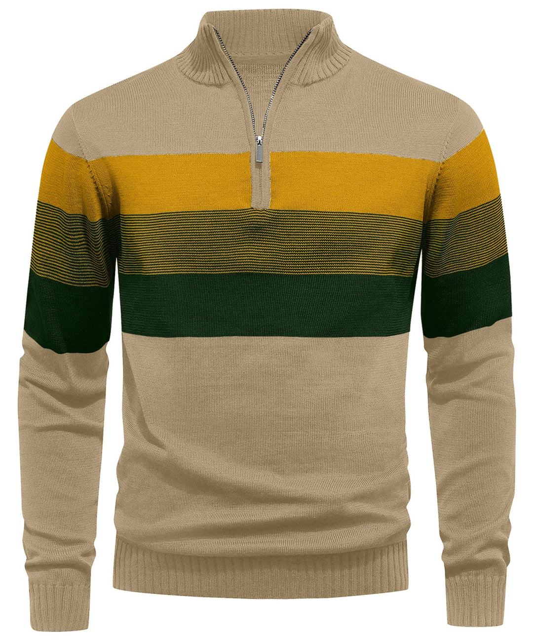 Close-up of the knit texture on a men's striped long sleeve pullover sweater