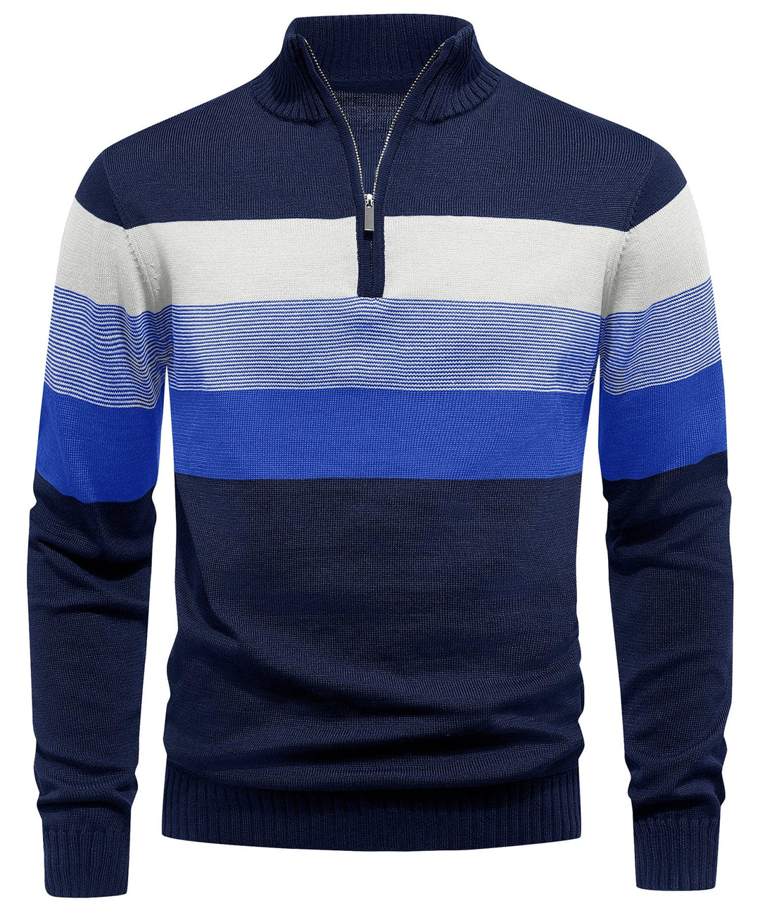 Side profile of a man wearing a modern striped pullover sweater, comfortable and stylish