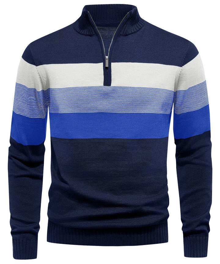 Side profile of a man wearing a modern striped pullover sweater, comfortable and stylish