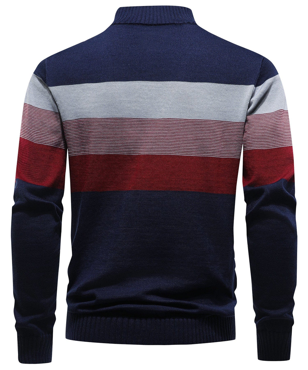 Back view of a men's striped knit pullover, showcasing the full fabric pattern