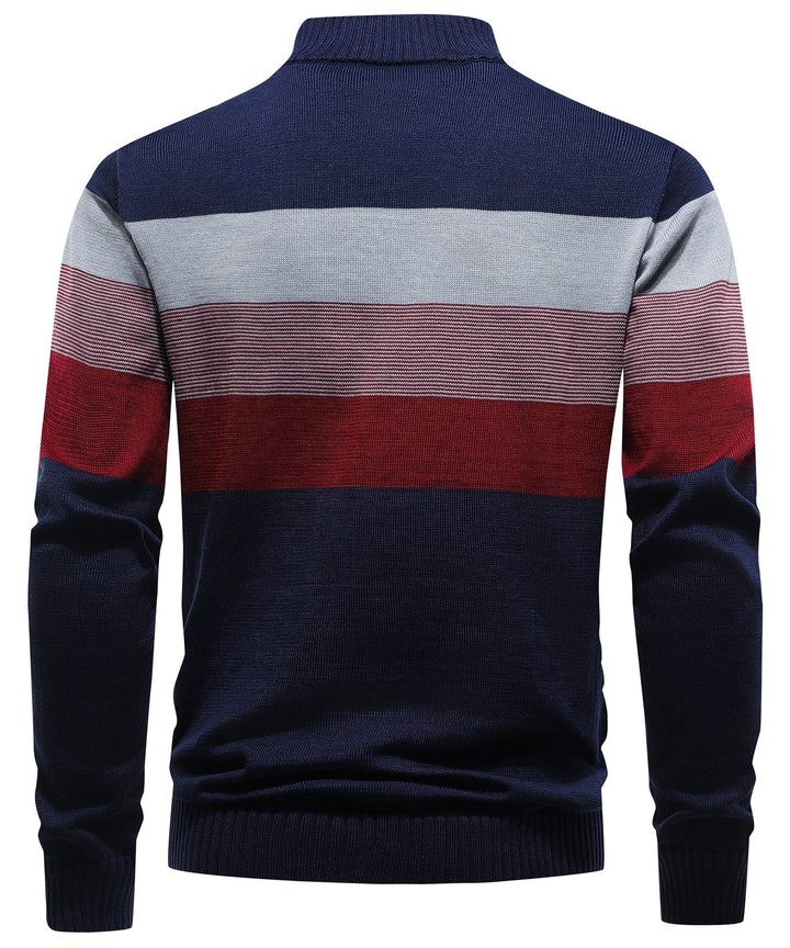 Back view of a men's striped knit pullover, showcasing the full fabric pattern