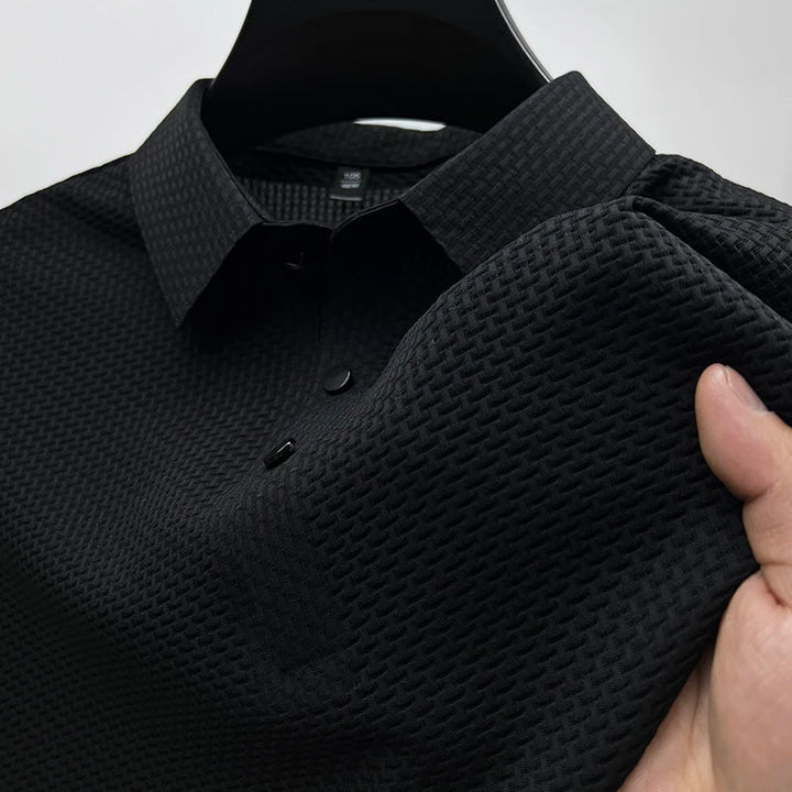 Sophisticated men's basketweave polo shirt. Comfortable textured summer top for modern casual and essential wardrobe.