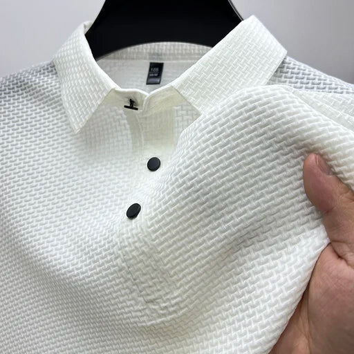 Versatile men's basketweave polo, a sophisticated short sleeve textured top. Ideal for modern summer style & comfort.