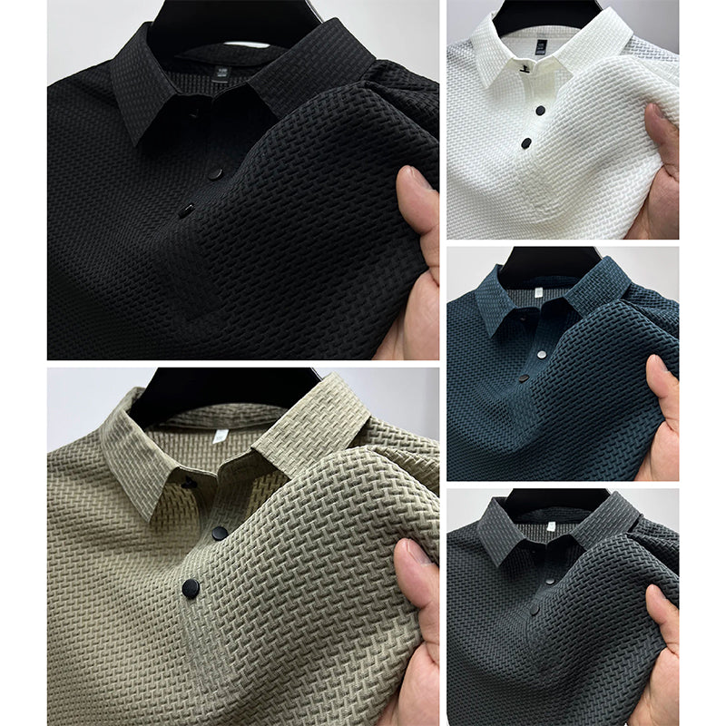 Men's comfortable short sleeve textured basketweave polo shirt. Modern summer top for casual or business casual style.