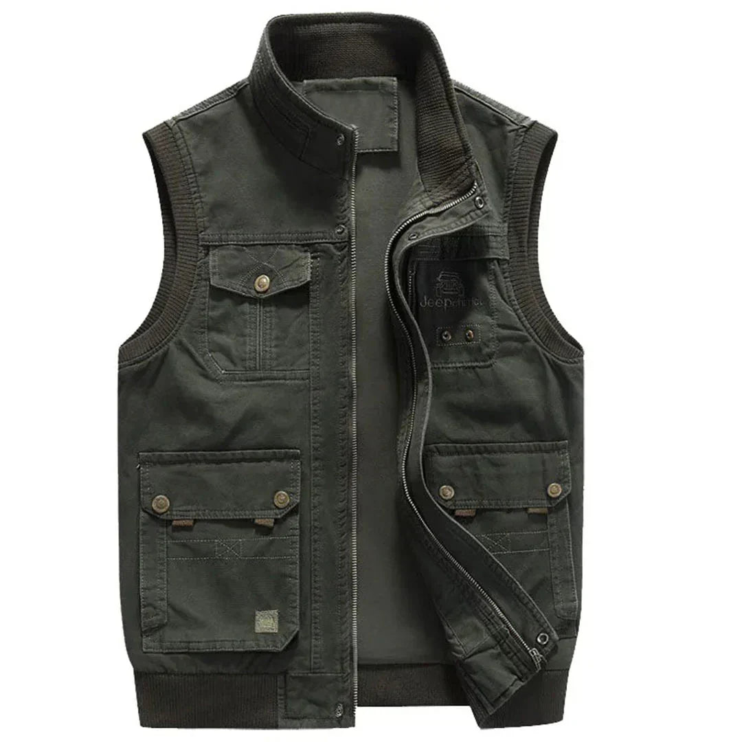 Khaki men's multi-pocket hiking vest. Rugged utility vest, ideal for fishing, travel, and outdoor adventures.