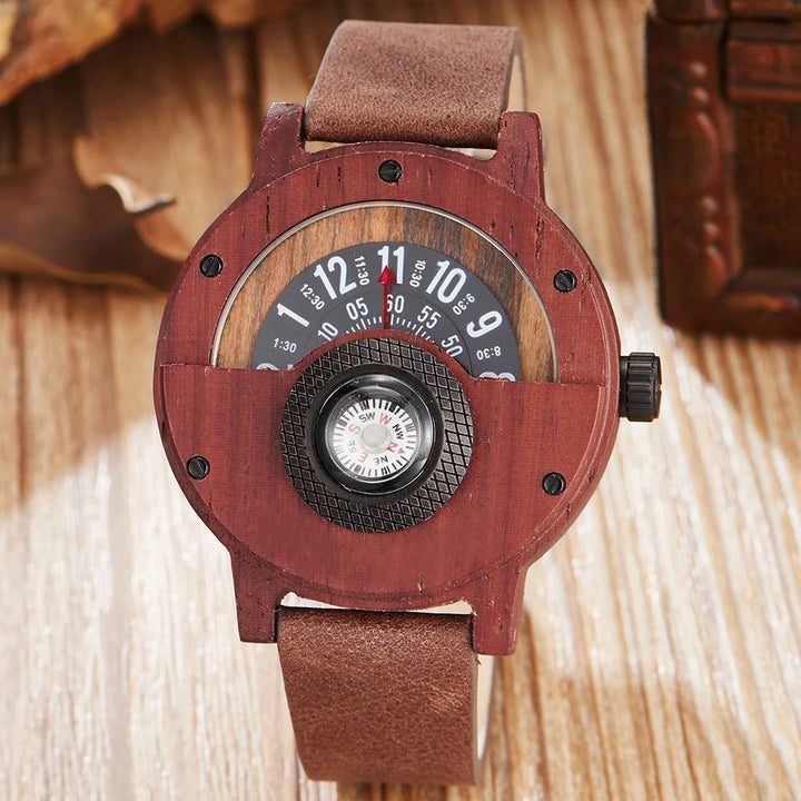 Top-down view of a Men's Natural Wood Compass Watch, highlighting its clean design and easy-to-read display.