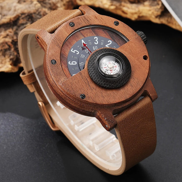 Gift-ready Men's Natural Wood Compass Watch in its packaging, showcasing its eco-friendly and thoughtful appeal.