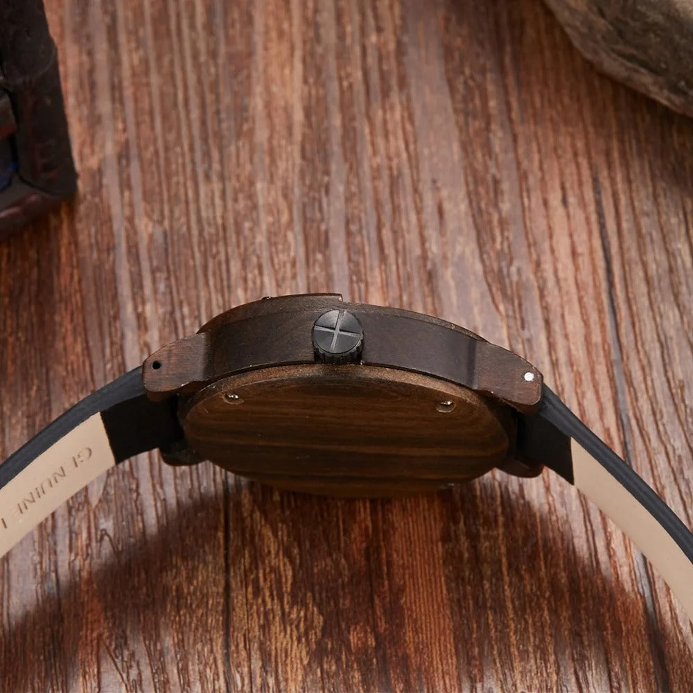 Men's accessory: Natural Wood Compass Watch on a wrist, emphasizing its unique design and comfortable fit.