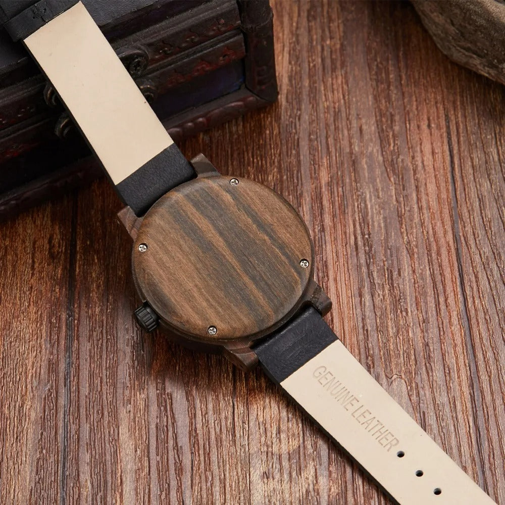 Natural wood watch for men with a tan leather strap, ideal for outdoor enthusiasts, featuring a working compass.