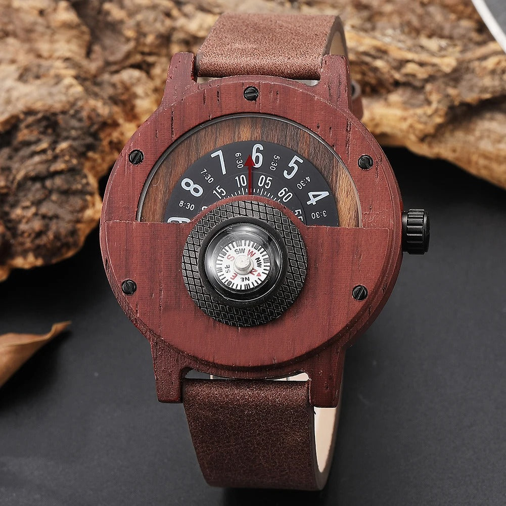 A collection of Men's Natural Wood Compass Watches, displaying different wood shades and leather strap options.