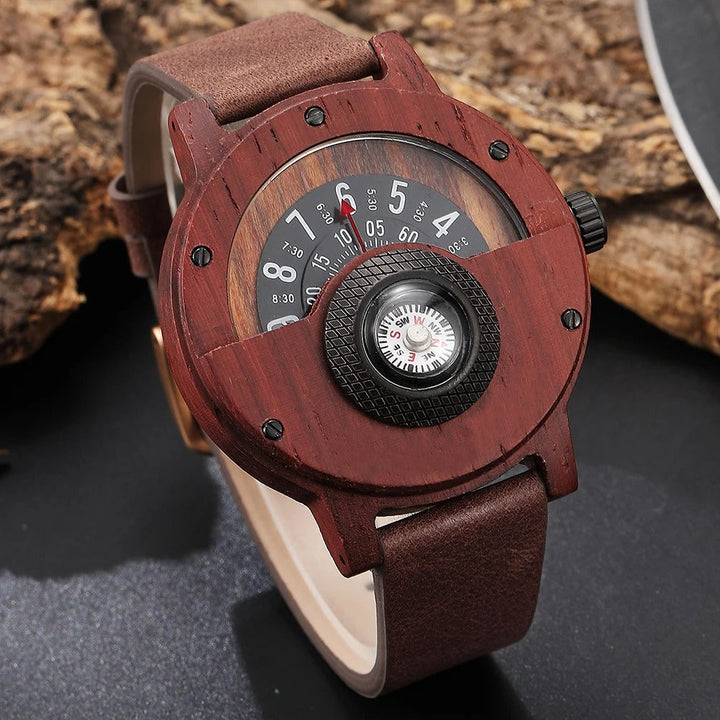 Men's statement watch: natural wood with an integrated compass, paired with a durable, authentic leather strap.