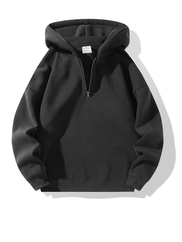 Black men's half-zip fleece hoodie, cotton blend for loungewear or active use, premium comfort and style.