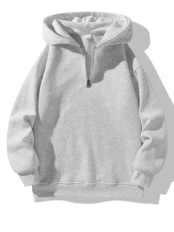 Gray men's half-zip pullover hoodie, cotton blend, ideal for casual outfitting, soft and comfortable.