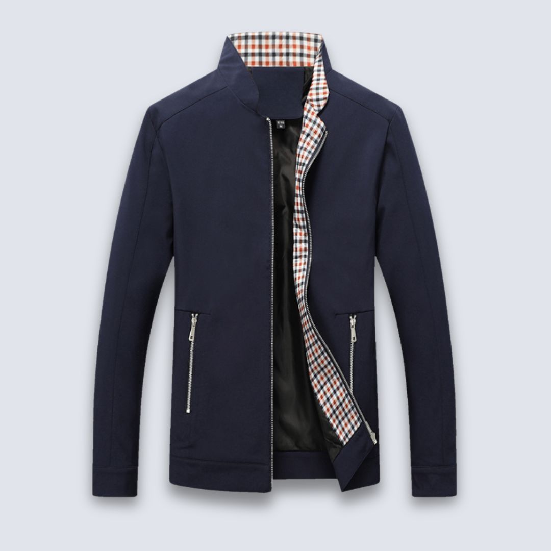 Men's navy blue plaid spring jacket, zipper front, for business casual wear.