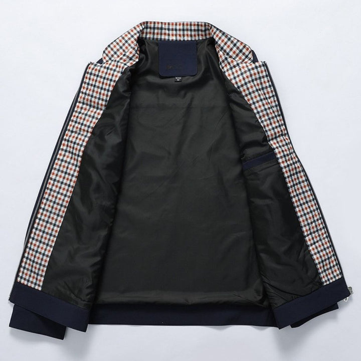 Professional men's plaid spring jacket with zip closure, ideal for business casual.