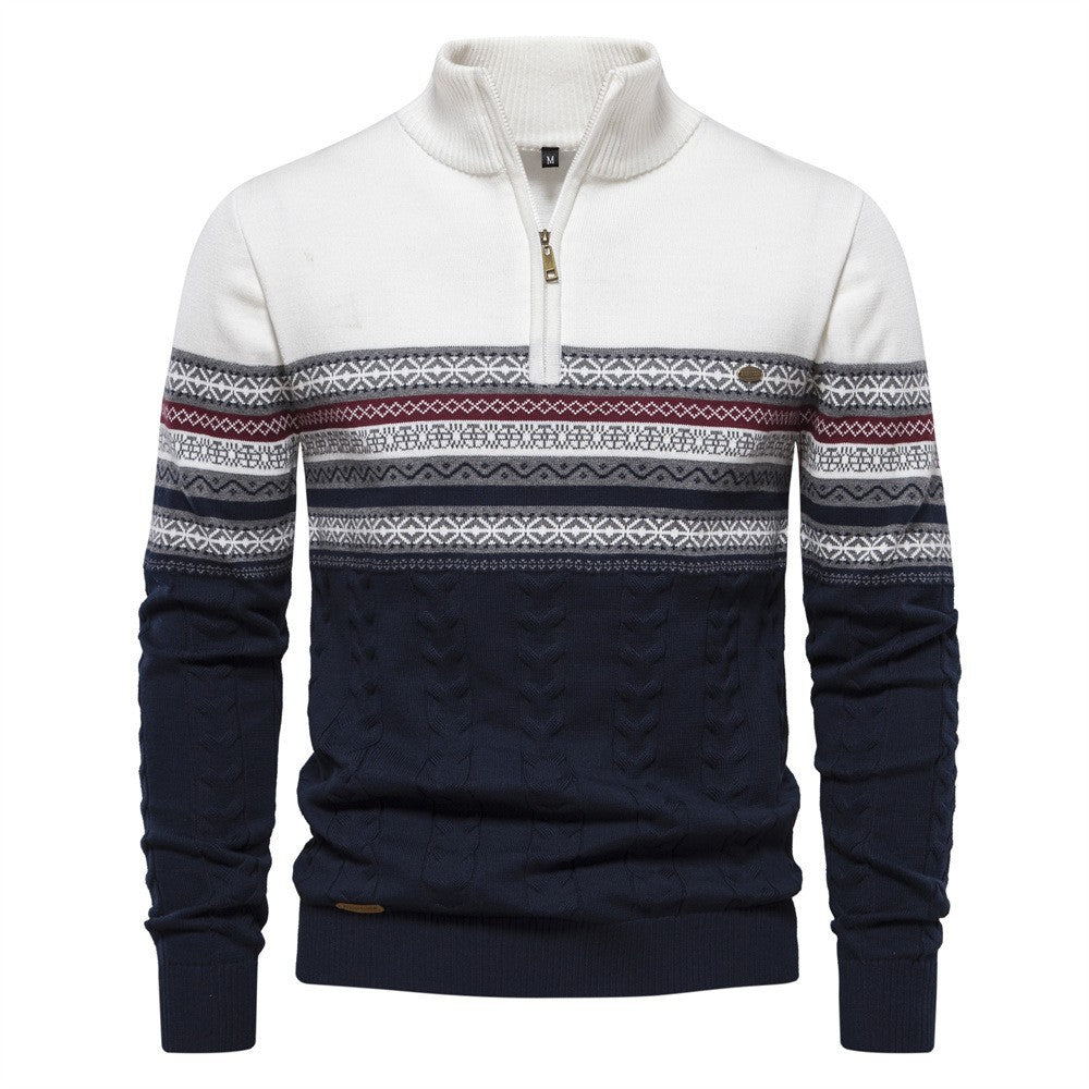 Men's cotton blend half-zip sweater with subtle Nordic design, perfect for layering