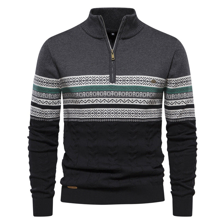 Men's winter fashion: a half-zip Nordic pullover sweater in a comfortable cotton blend