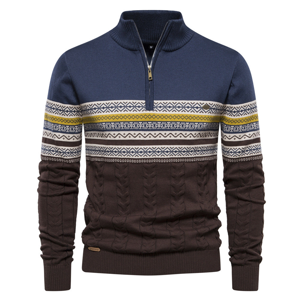 Close-up of the fabric and knit on a men's Nordic half-zip cotton blend sweater